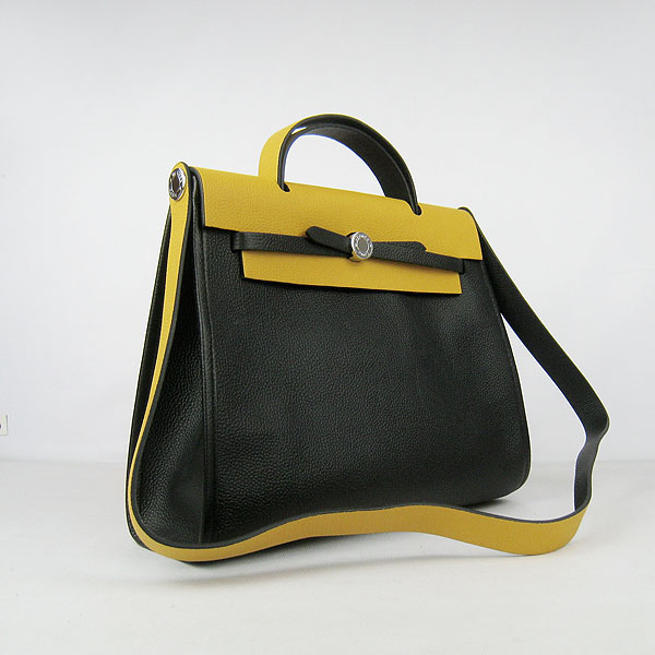 7A Replica Hermes Black/Yellow Kelly 32cm Togo Leather Bag 60667